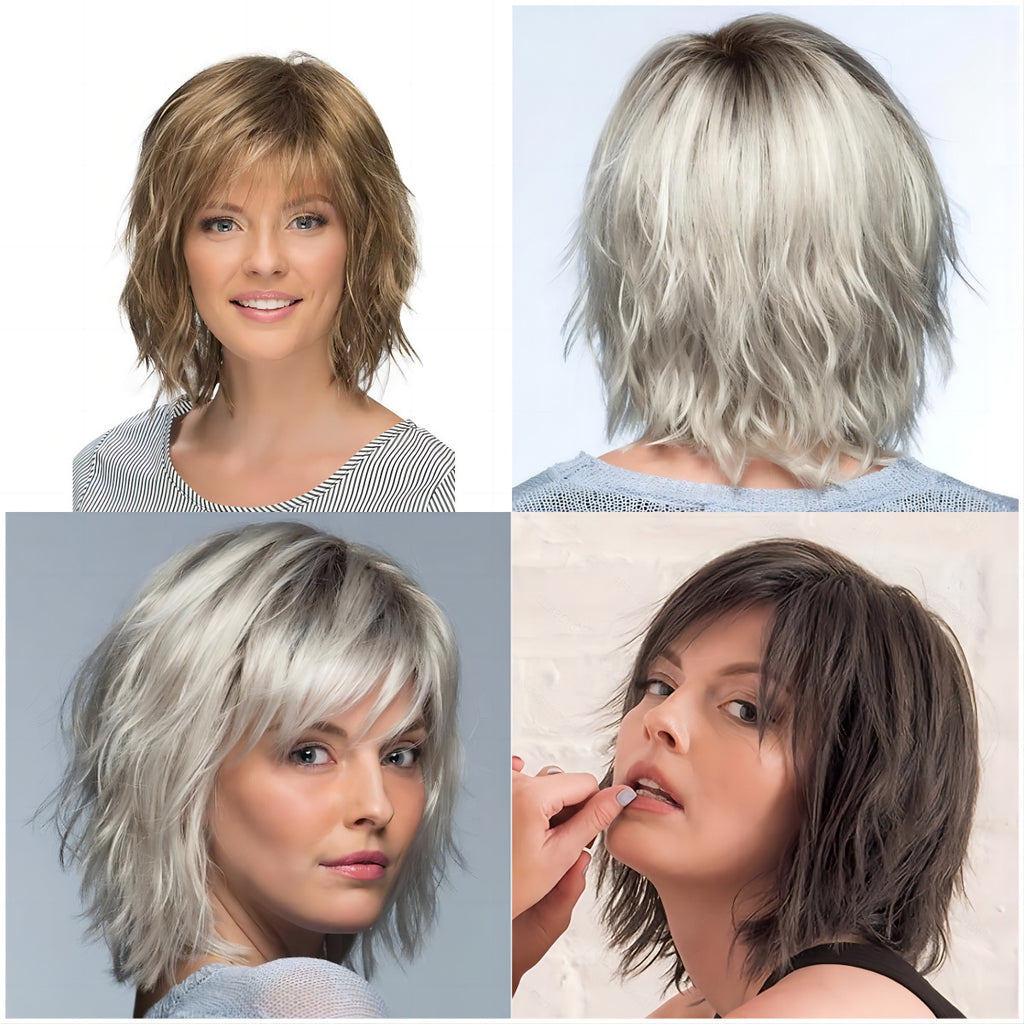 Wig with gradient white gold short curly hair