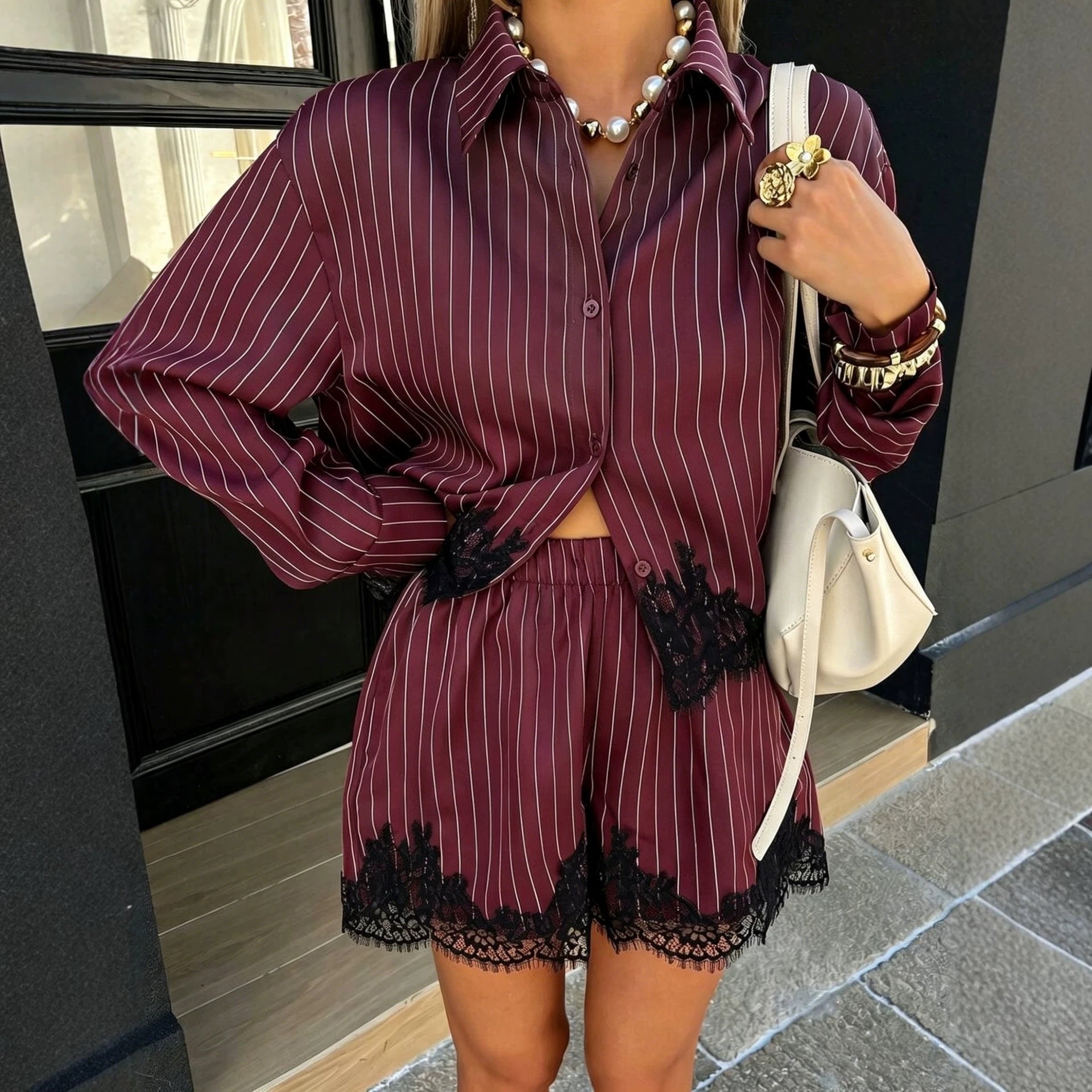 Women's striped shirt drawstring shorts set