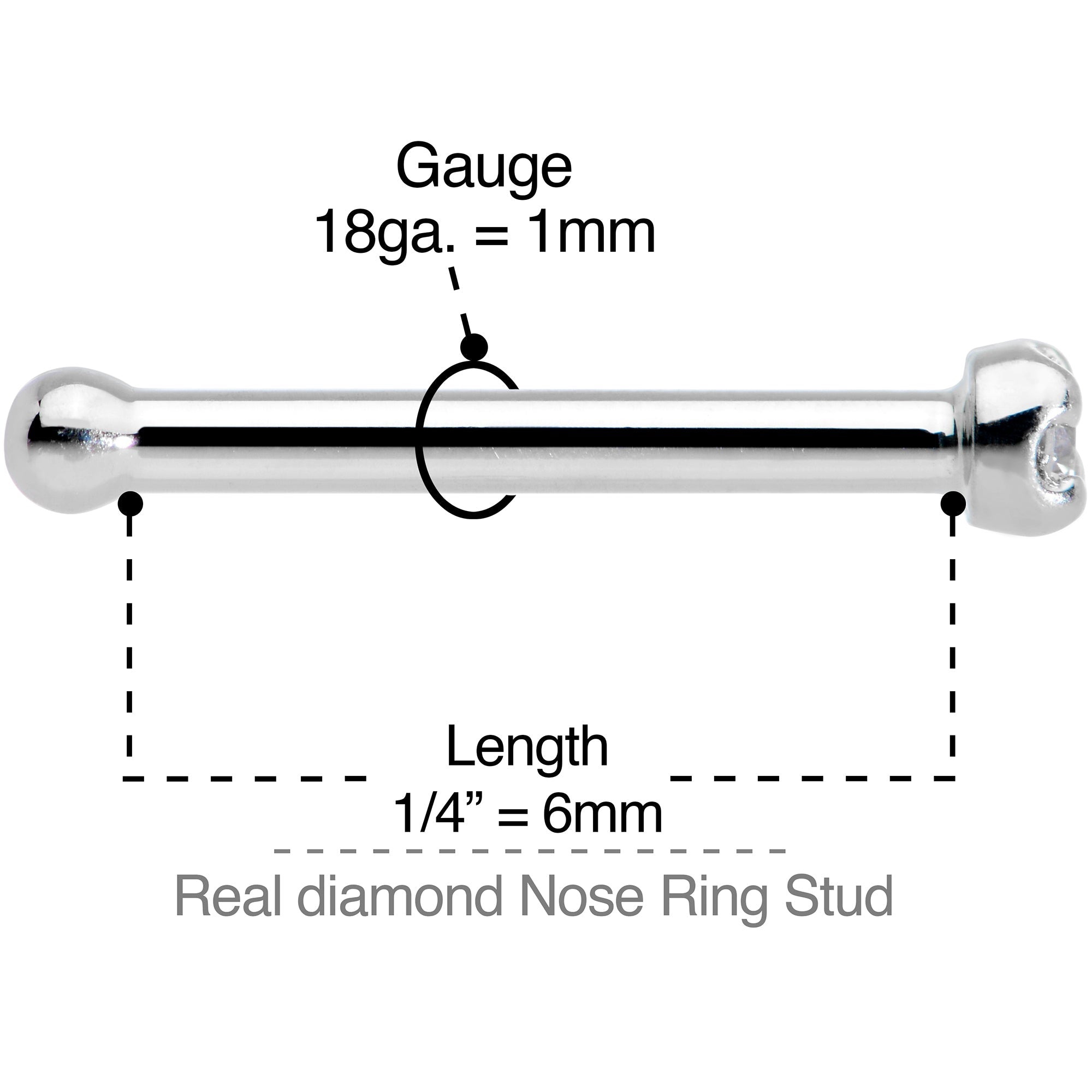 18G Solid 14k White Gold 1.5mm Genuine Diamond Nose Bone