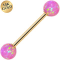 14k Yellow Gold 6mm Pink Synthetic Opal Barbell Tongue Ring 14G 5/8