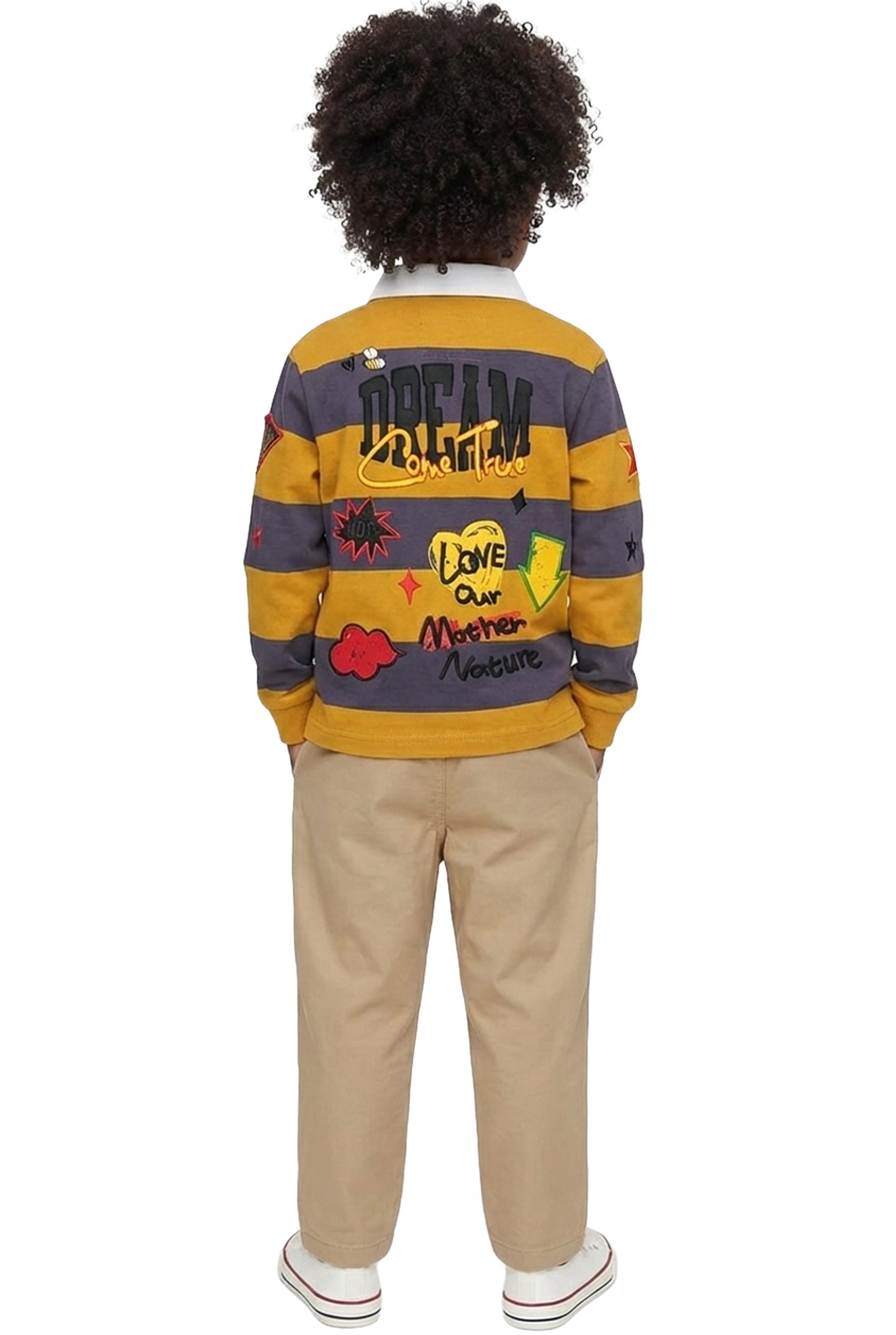 BISCOTTI Kid's Long Sleeve Polo Shirt With Heavy Print Effects & Patch Works