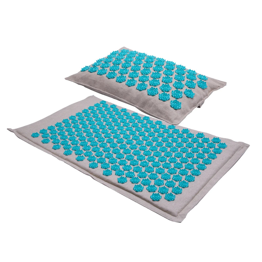 Relax and relieve tension with the acupressure mat for yoga, featuring a pillow and unique spike design for effective massage.