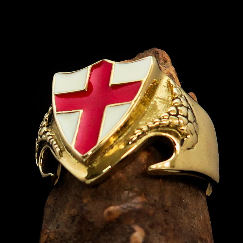 Men's Brass Shield Ring Flag of England Red Cross on White