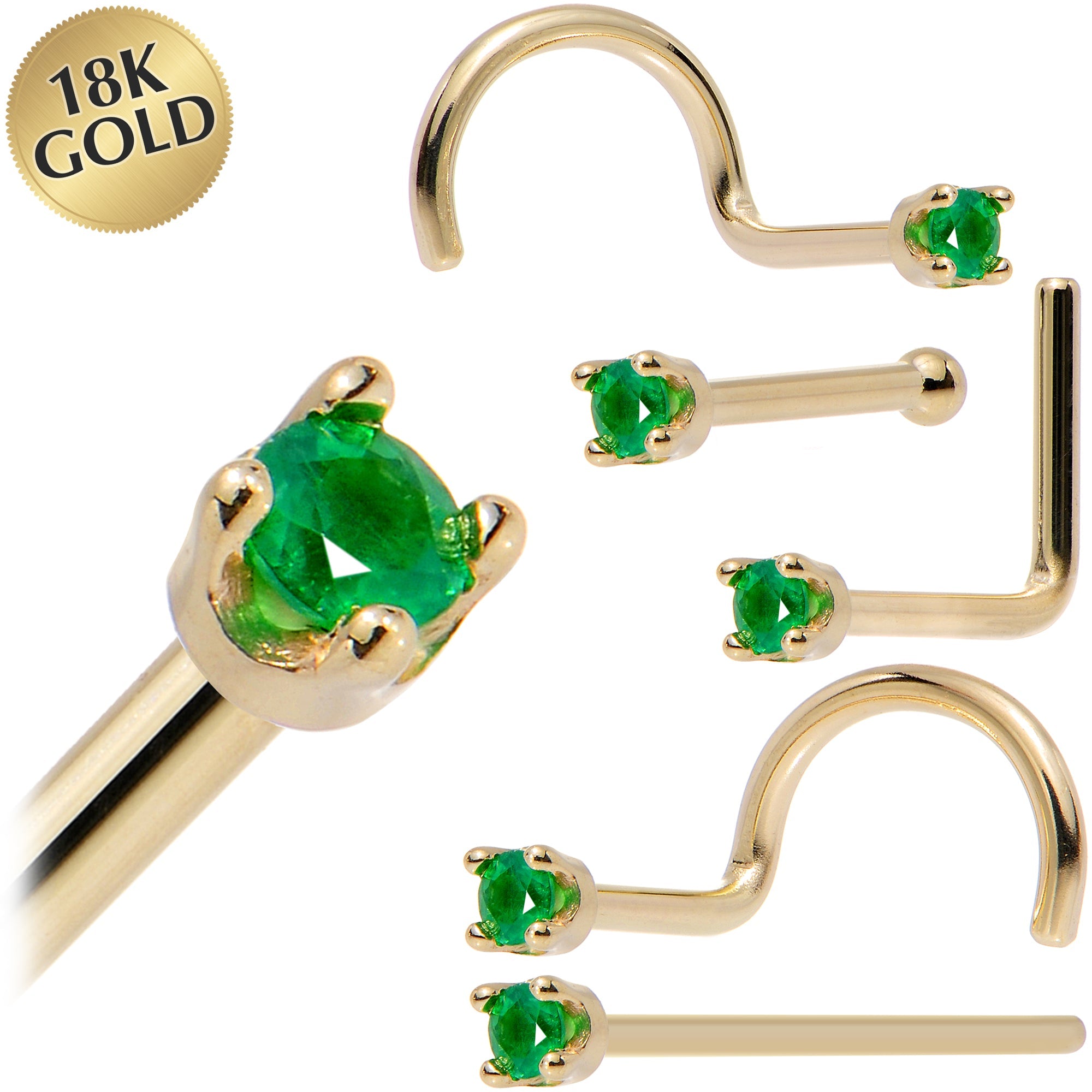 Solid 18K Yellow Gold 1.5mm Genuine Emerald Nose Ring