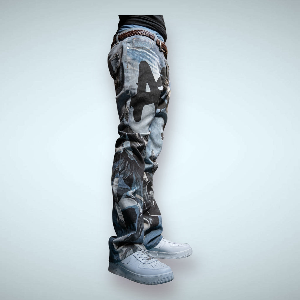 RM204SK - Graphic Printed Stacked Jeans