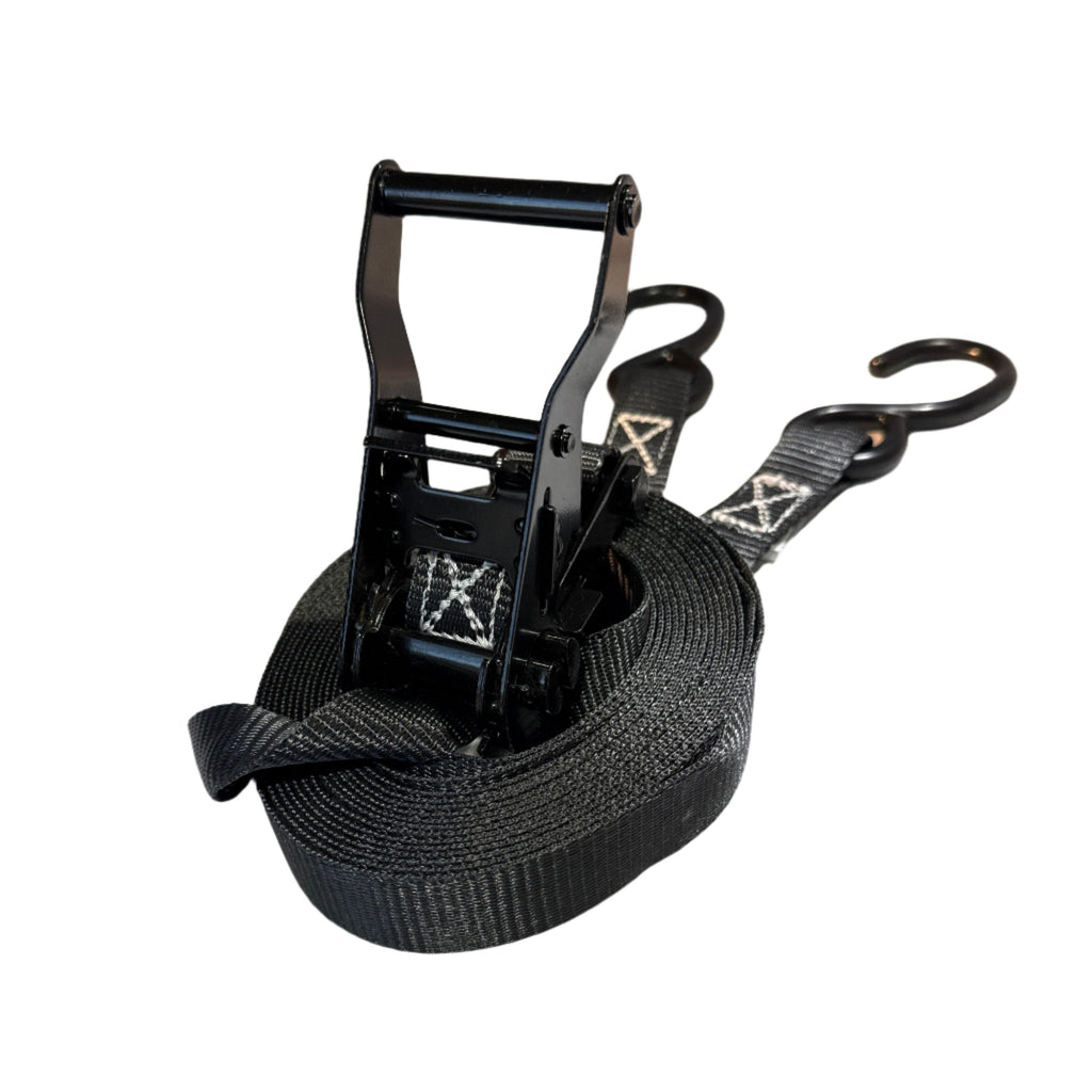 1" Black Ratchet Strap w/Vinyl S Hook LENGTH OPTIONS | FOUR PACK