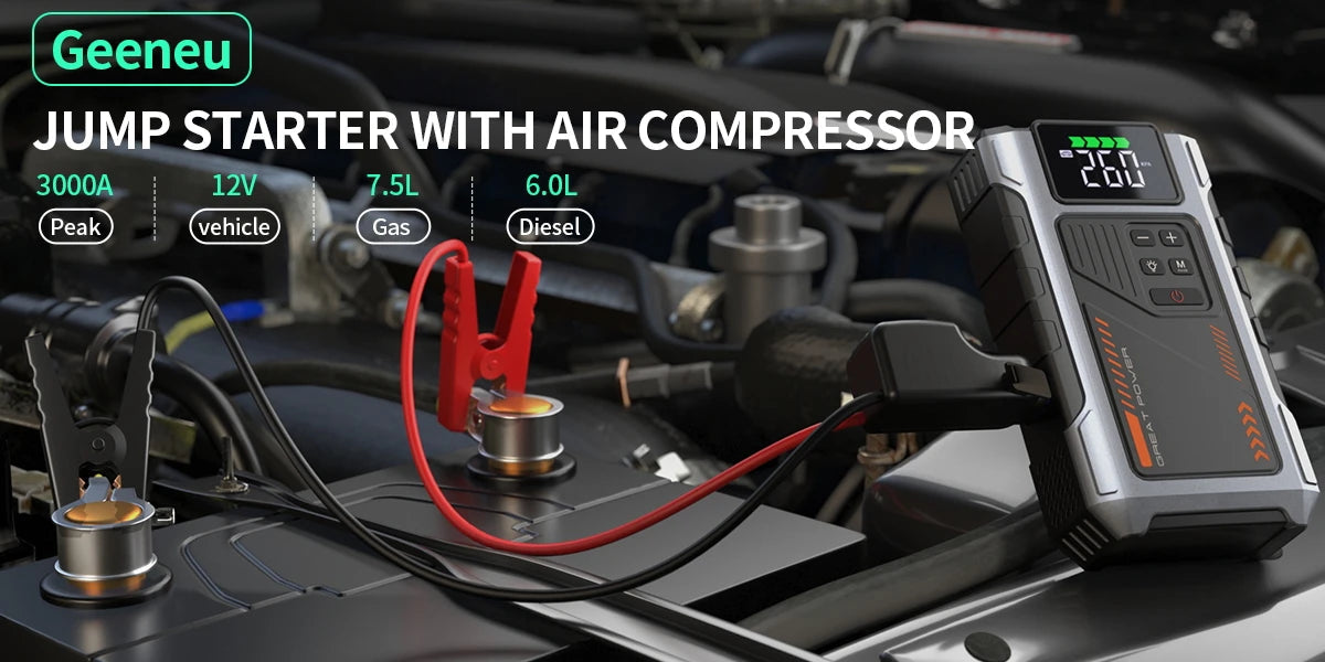 Portable Car Jump Starter With Air Compressor, 3000A Peak(7.5L Gas,