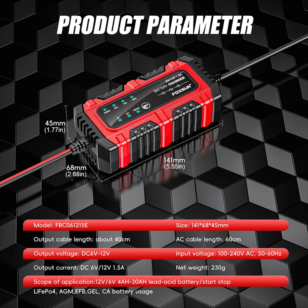 6V 12V 1.5A Smart Car Battery Charger for Lead-Acid AGM GEL Batteries