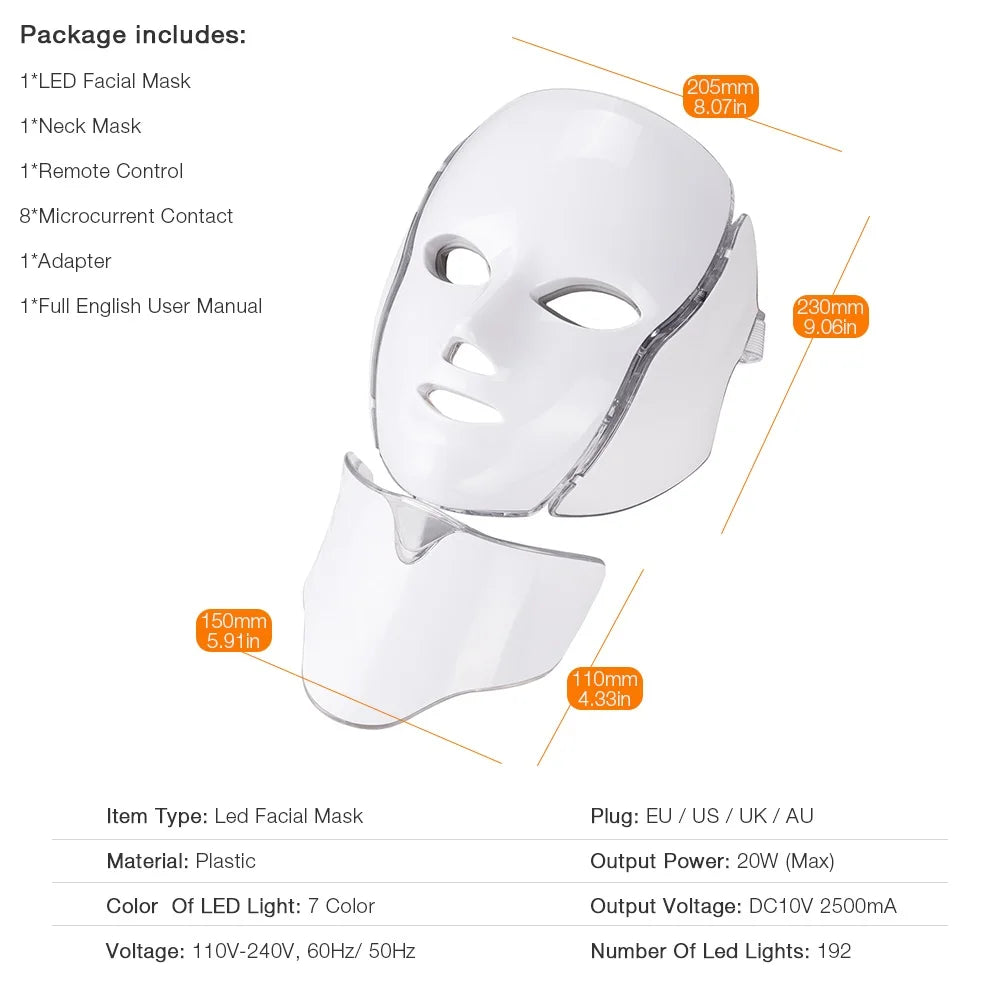 7 Colors Light LED Face Neck Beauty Mask Photon Red Light Facial Skin
