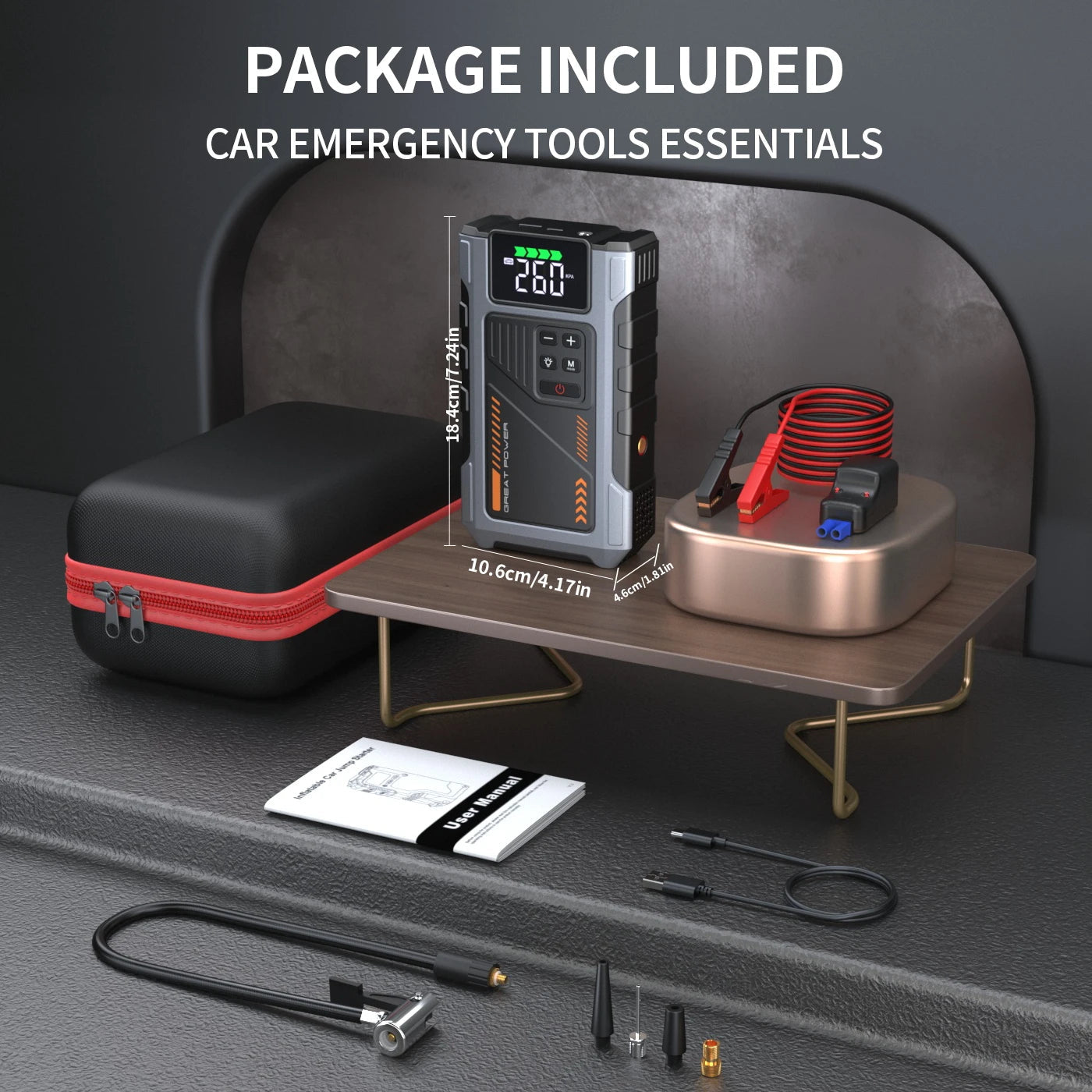 Portable Car Jump Starter With Air Compressor, 3000A Peak(7.5L Gas,