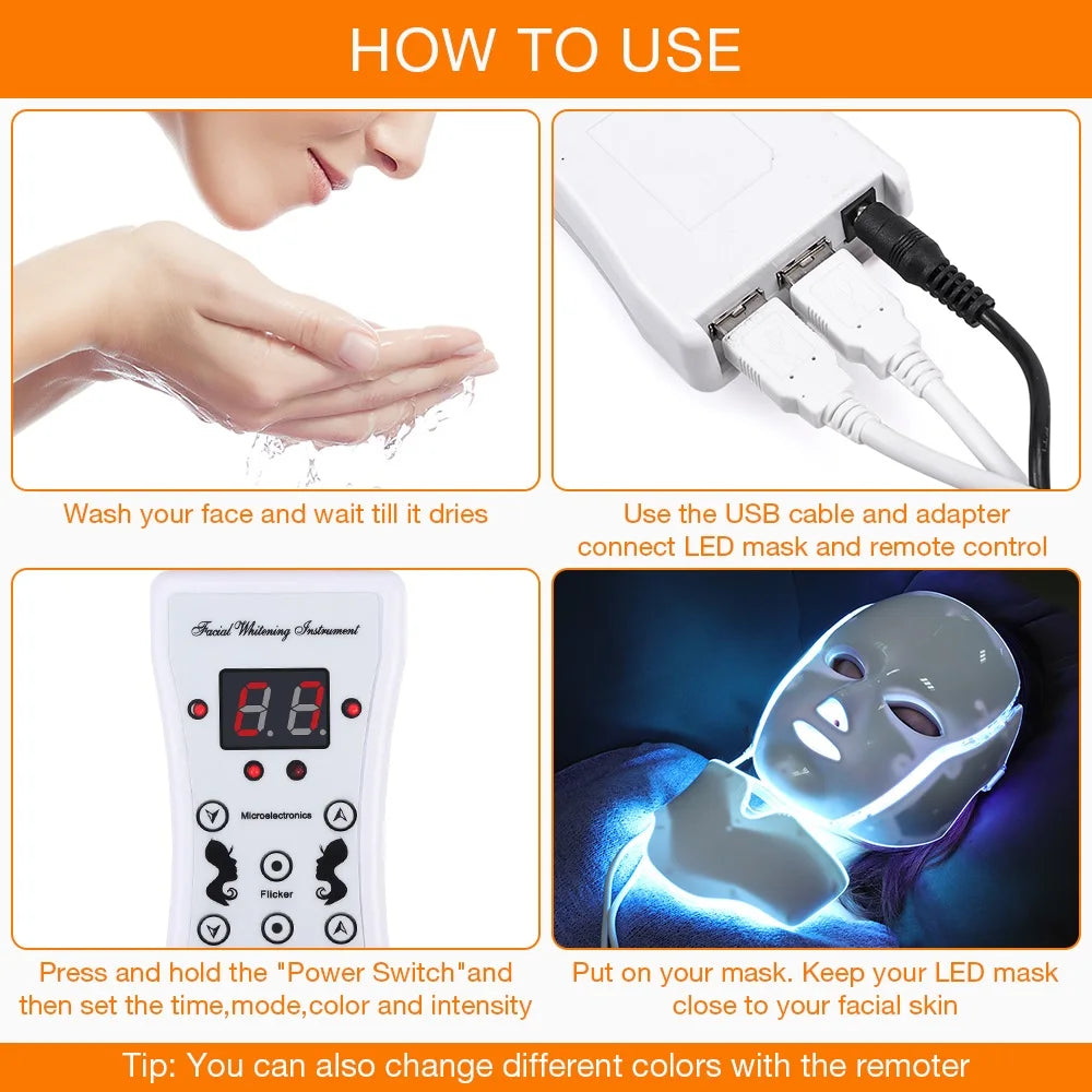 7 Colors Light LED Face Neck Beauty Mask Photon Red Light Facial Skin