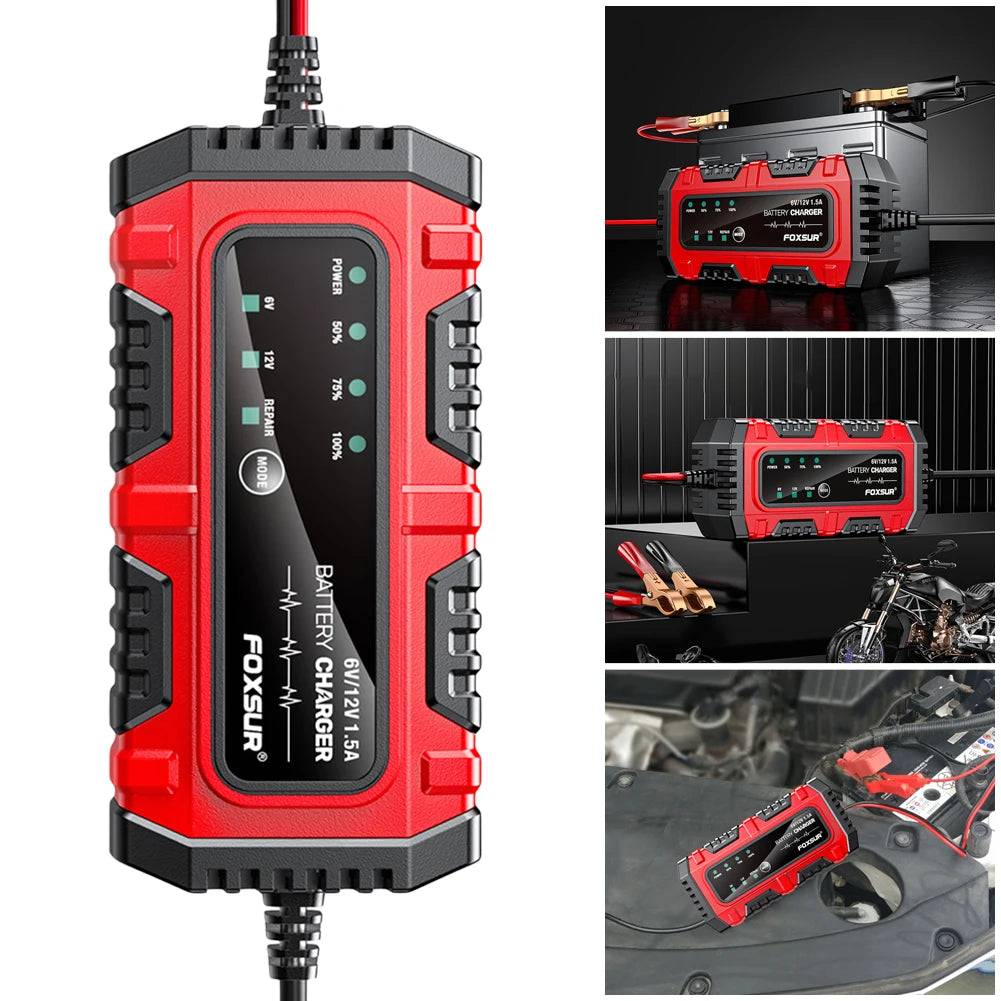 6V 12V 1.5A Smart Car Battery Charger for Lead-Acid AGM GEL Batteries