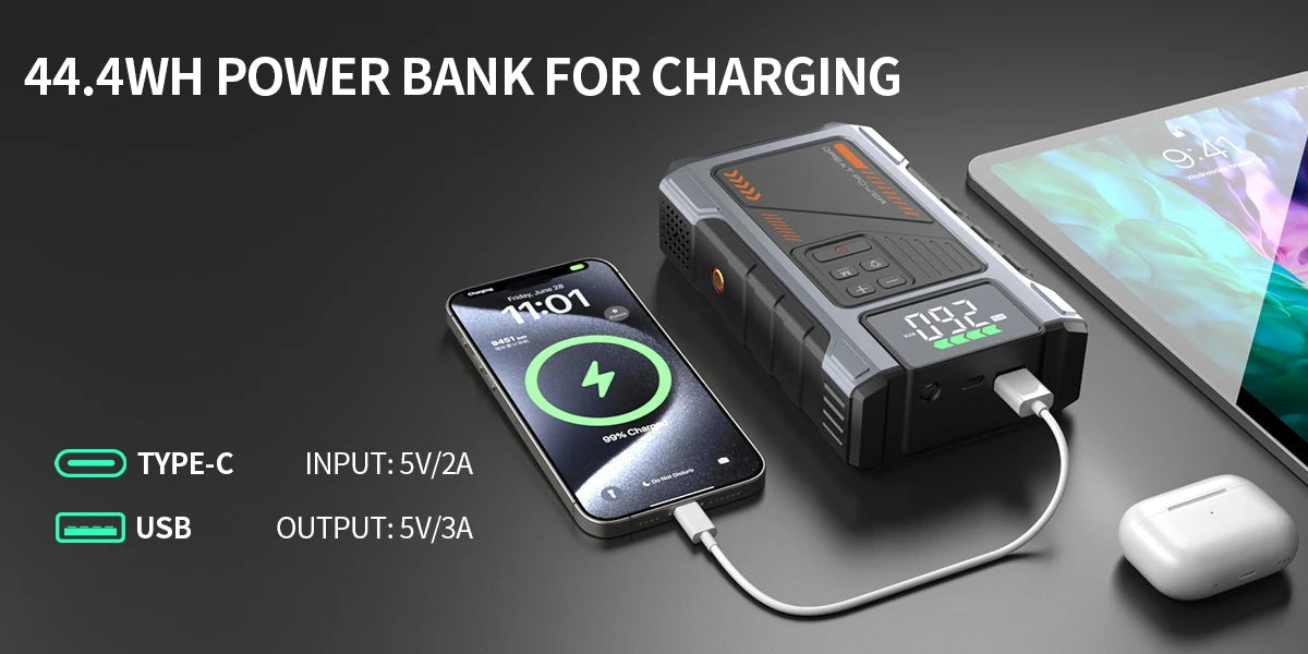 Portable Car Jump Starter With Air Compressor, 3000A Peak(7.5L Gas,