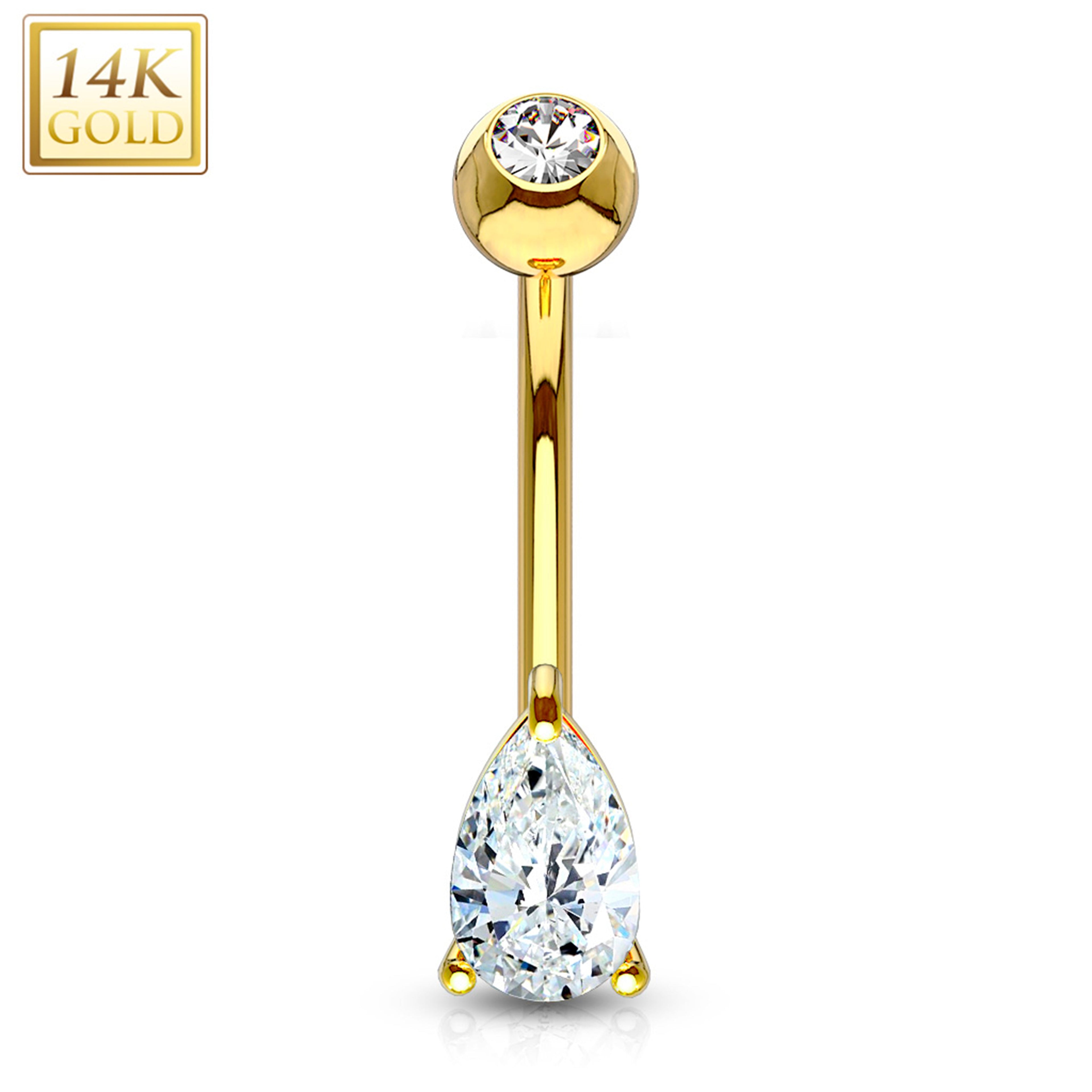14k Solid Yellow Gold 9mm CZ Deluxe Tear Drop Belly Ring