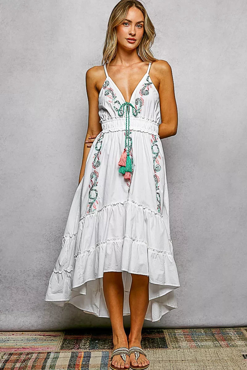 POL Embroidered Detail Tassel Tie Smocked Waist Midi Tiered Cami Dress
