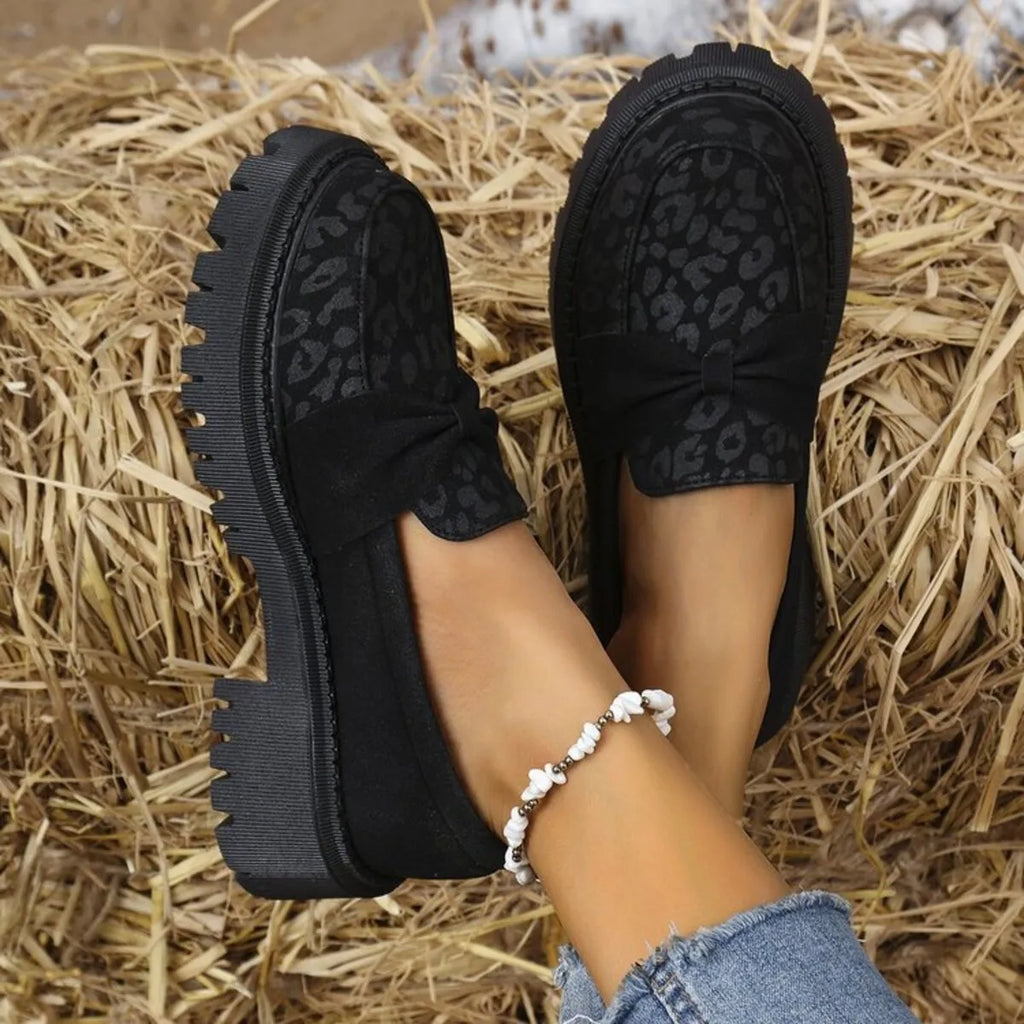 Bow Leopard Round Toe Loafers