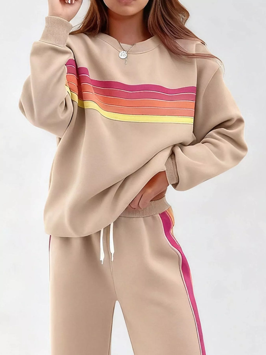Striped Round Neck Sweatshirt and Pants Set
