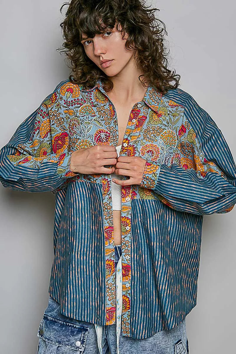 POL Patchwork Mixed Textured Paisley Floral Stripe Long Sleeve Shirt