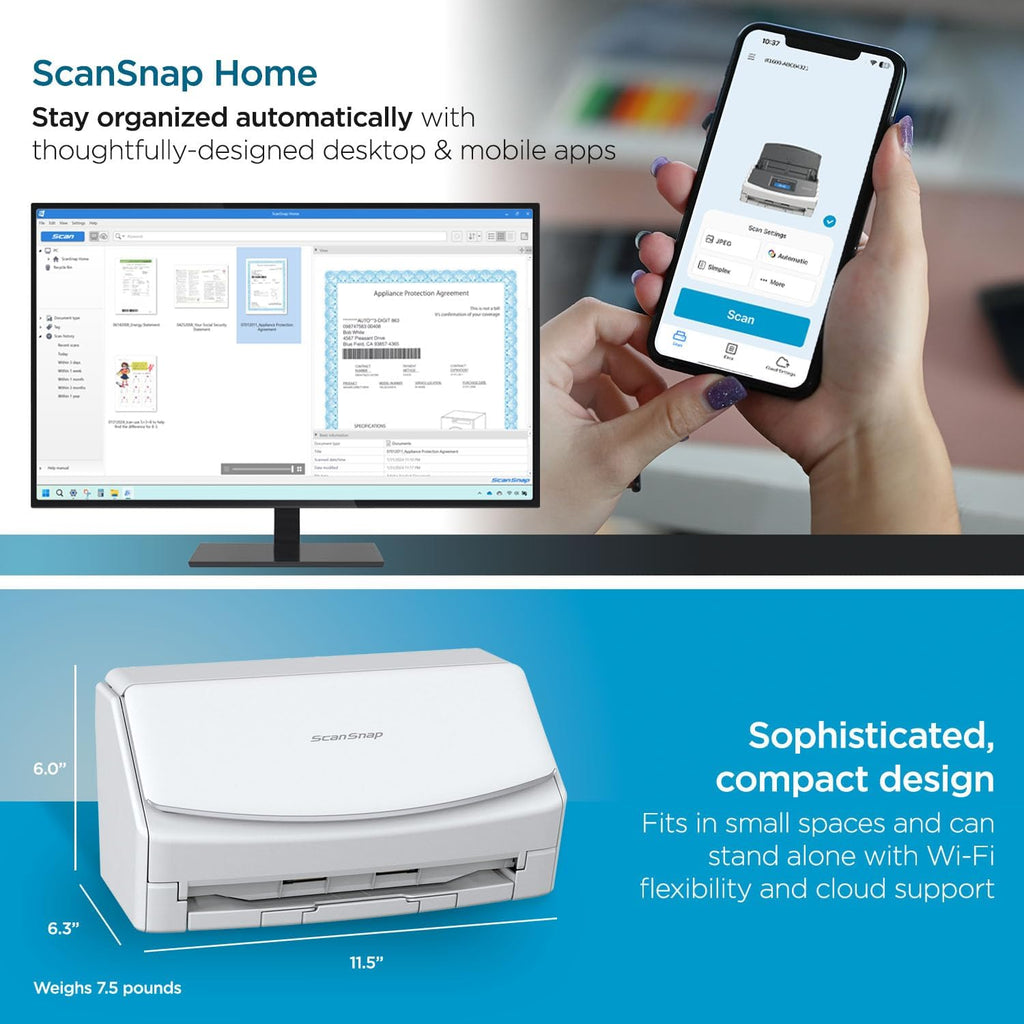 Ix1600 Photo and Document Scanner, Wireless or USB, White | High-Speed | Cloud Enabled | Large Touchscreen | Auto Document Feeder | Mac or PC