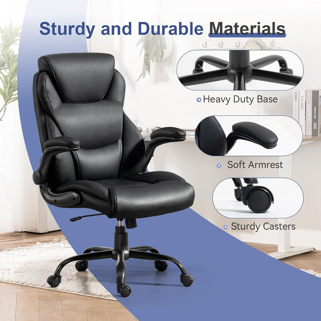 Big and Tall Office Chairs 400LBS Heavy Duty High Back Leather | Comfortable Desk Chair with Flip-Up Arms, Swivel Rolling Computer Chair for Heavy People, Black