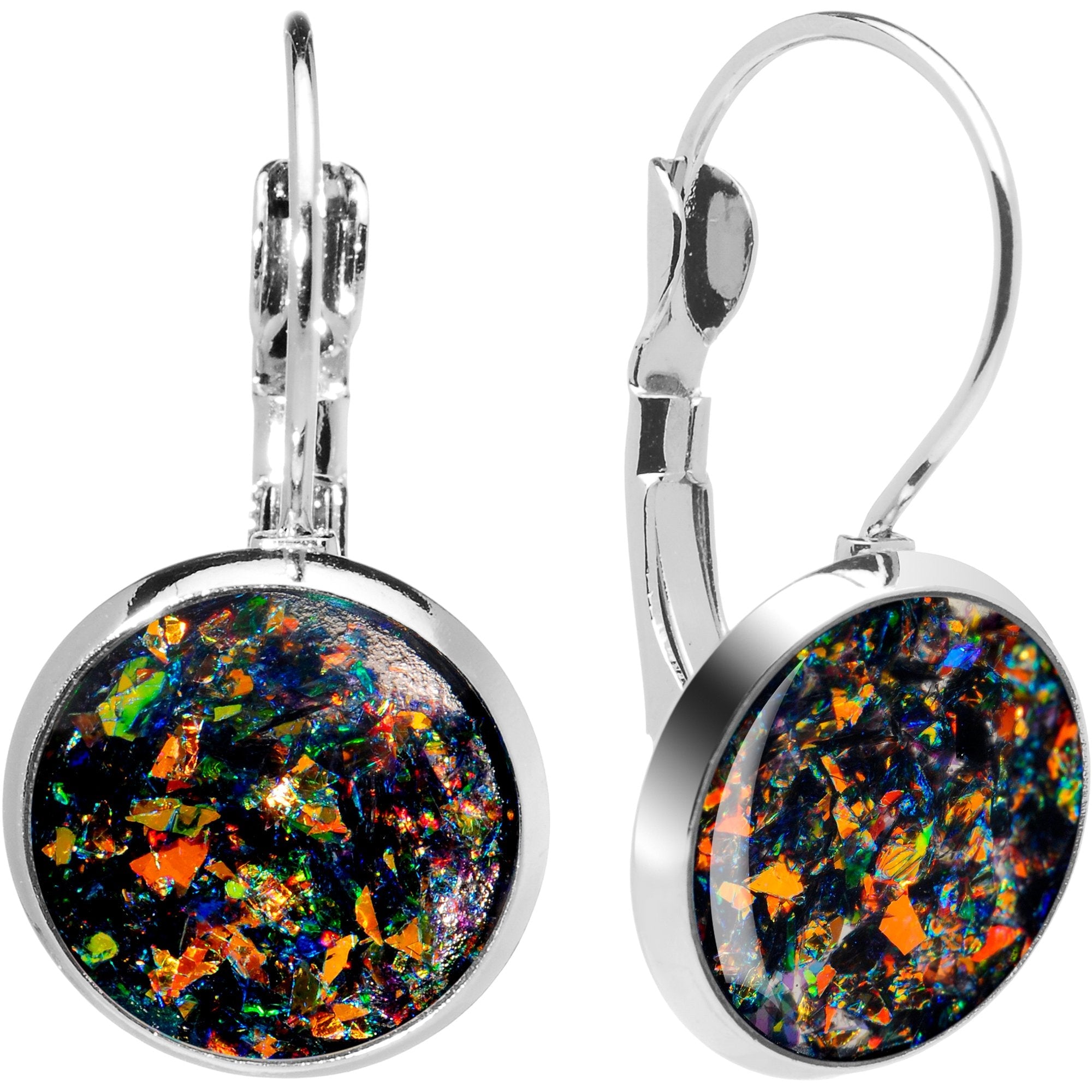 Handcrafted Black Faux Opal Splash Leverback Earrings