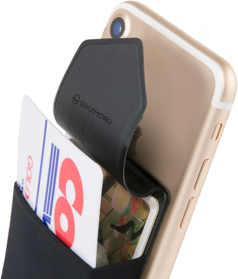 Card Holder for Back of Phone, Stick on Phone Wallet, Black | Sinji Pouch Flap, Stretchy Fabric Credit Card Case, Secure Flap Cover, Adhesive Phone Wallet, Universal Fit