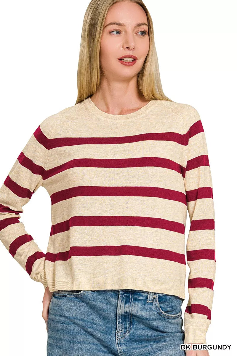 Zenana Lightweight Wool Blend Striped Round Neck Sweater