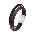 Mens Brown and Black Leather Brown Thread 15mm Layered Bracelet