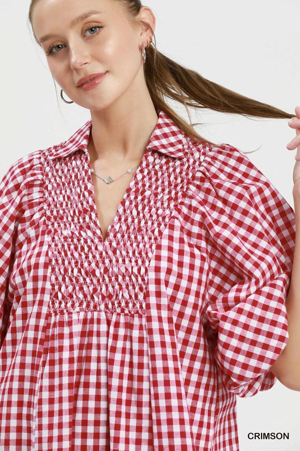 Umgee Puff Sleeve Plaid Midi Dress