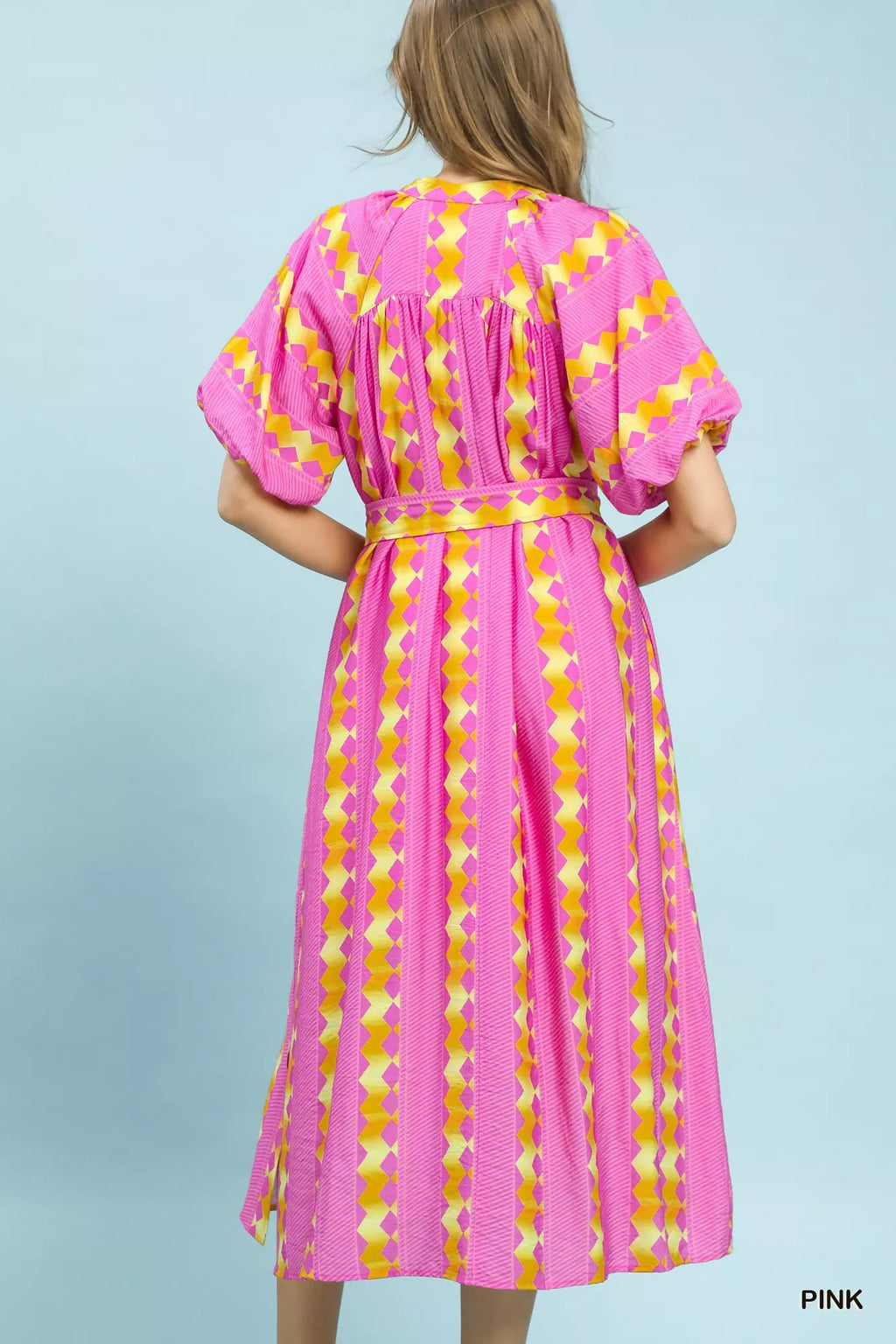 Umgee Geo Stripe Smocked Waist Tie Dress