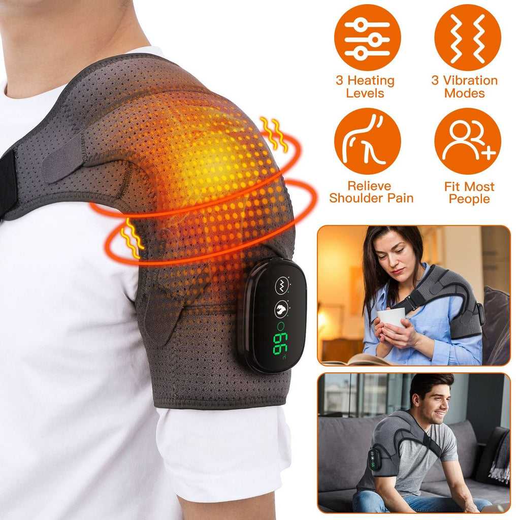 Cordless Shoulder Heating Pad Rechargeable Heated Shoulder Wrap Massager Shoulder Brace Supports with 3 Heating Levels 3 Vibration Modes for Left Right Shoulder