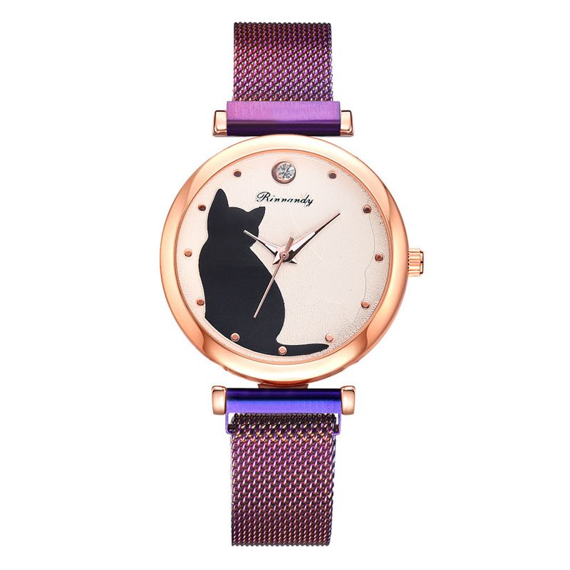 Women Fashion Watches Quartz Wristwatch Purple Mesh Belt Cat Dial