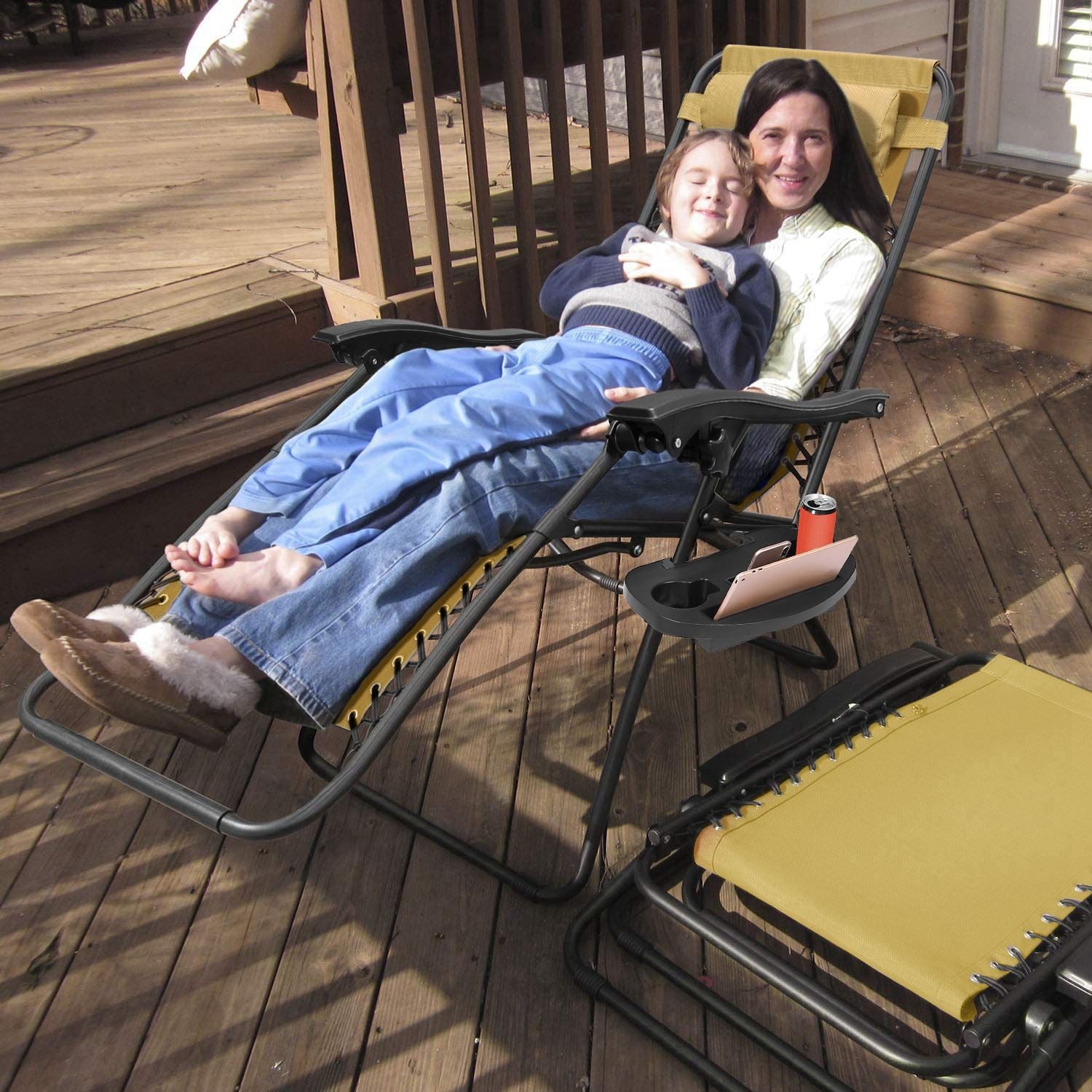 2Packs Zero Gravity Lounge Chair w/ Dual Side Tray 330lbs Load Foldable Recliner Chair w/ Stress Relief Pillow Patio Poolside Beach Lying Chair