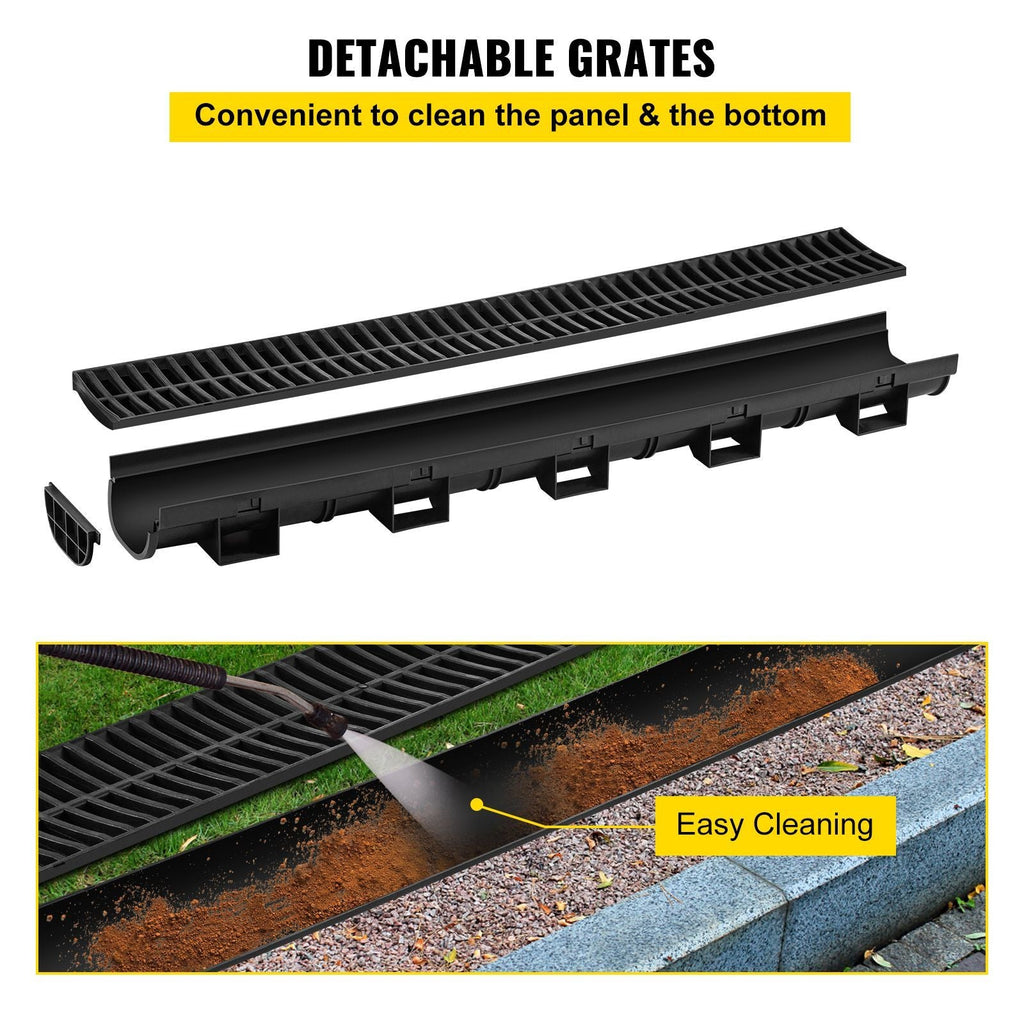 Trench Drain System, Channel Drain with Plastic Grate, 5.8x3.1-Inch HDPE Drainage Trench, Black Plastic Garage Floor Drain, 6x39 Trench Drain Grate, with 6 End Caps, for Garden, Driveway-6 Pack