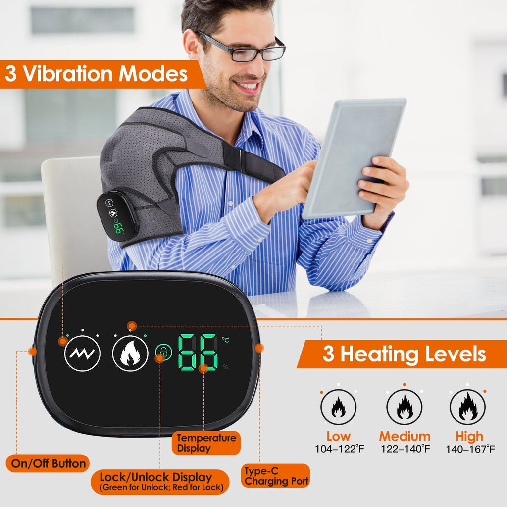 Cordless Shoulder Heating Pad Rechargeable Heated Shoulder Wrap Massager Shoulder Brace Supports with 3 Heating Levels 3 Vibration Modes for Left Right Shoulder