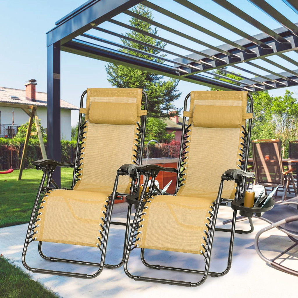 2Packs Zero Gravity Lounge Chair w/ Dual Side Tray 330lbs Load Foldable Recliner Chair w/ Stress Relief Pillow Patio Poolside Beach Lying Chair