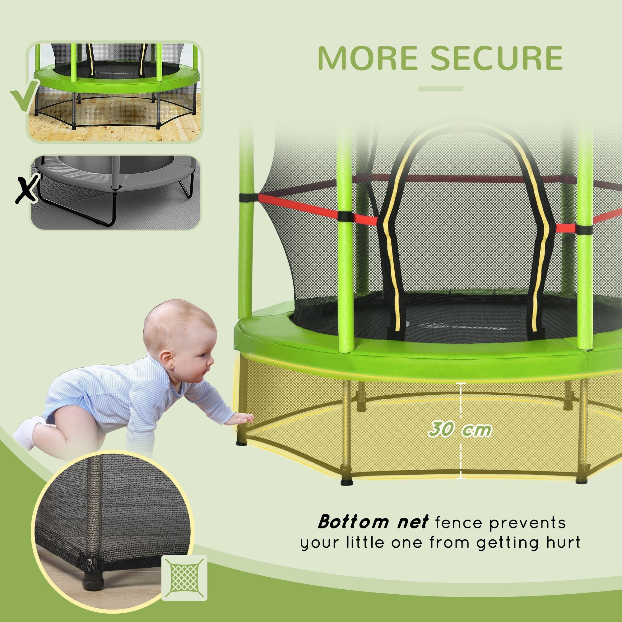 4.5FT Green Kids Trampoline with Safety Enclosure Net, Springless Design, for Ages 3 to 6