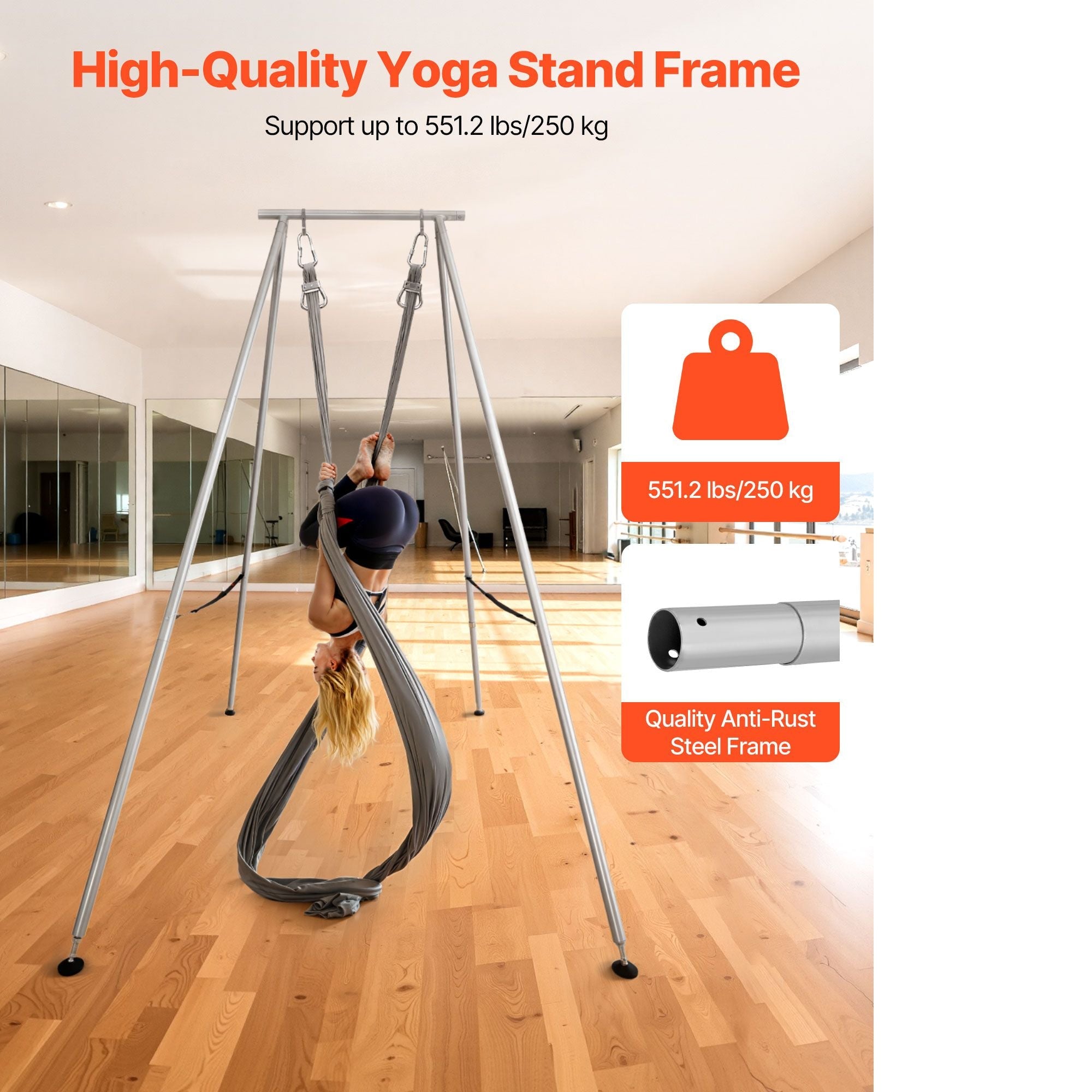 Yoga Stand Frame, 9.6 ft Length Swing Stand, Max 551.2 lbs Load Triangular Structure Aerial Rig, Aerial Silk Stands for Yoga Enthusiasts, Non-Slip Base, Lightweight, Detachable Design