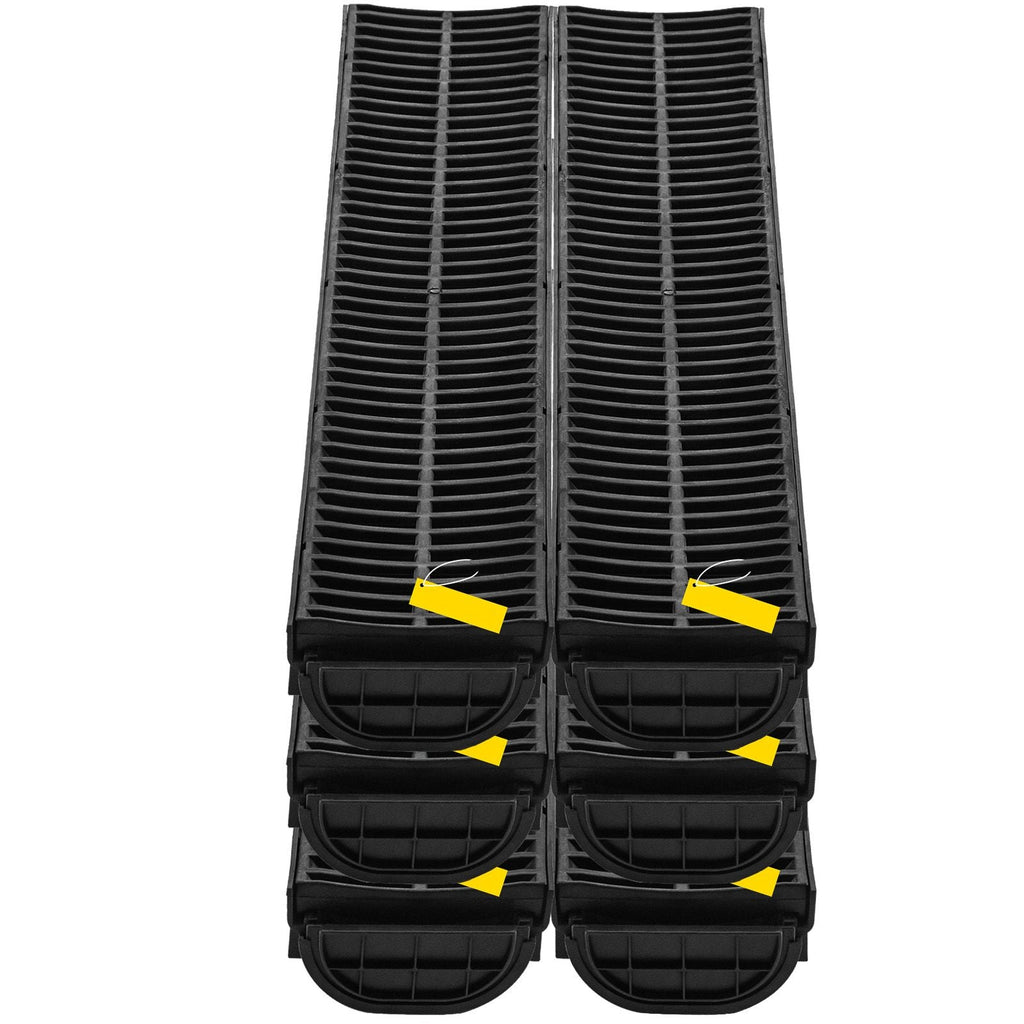 Trench Drain System, Channel Drain with Plastic Grate, 5.8x3.1-Inch HDPE Drainage Trench, Black Plastic Garage Floor Drain, 6x39 Trench Drain Grate, with 6 End Caps, for Garden, Driveway-6 Pack