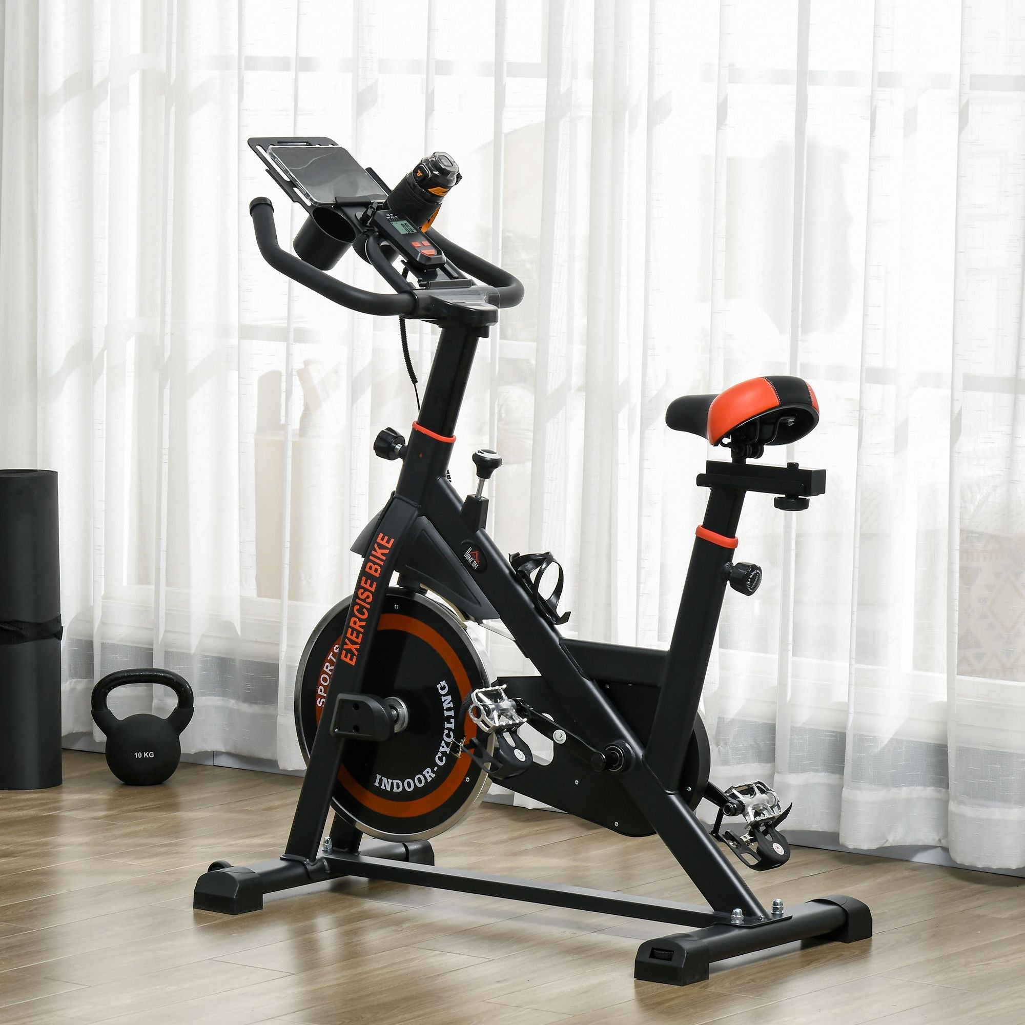 Exercise Bike, Flywheel Indoor Stationary Bike, Adjustable Height & Resistance, with LCD Monitor, Pedal Cage and Shelf Tray, 264 lbs Weight Capacity, Black and Red