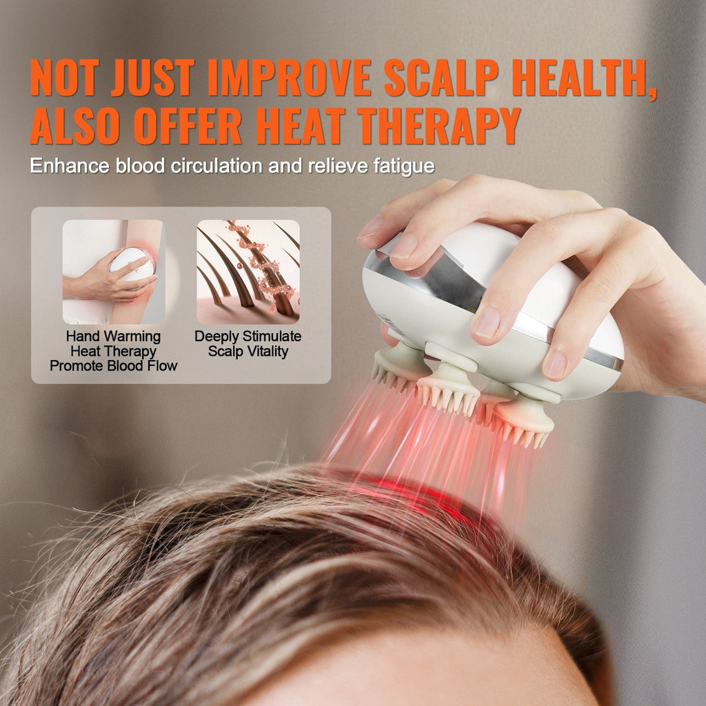 Electric Scalp Massager with Heat, Rechargeable Heated Head Massager, IPX7 Waterproof | Portable Kneading Scalp Scratcher with 8 Removable Massage Head for Hair Growth, Deep Clean, Stress Relax