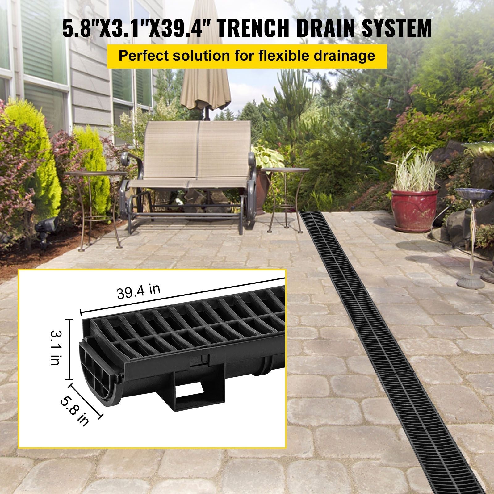 Trench Drain System, Channel Drain with Plastic Grate, 5.8x3.1-Inch HDPE Drainage Trench, Black Plastic Garage Floor Drain, 6x39 Trench Drain Grate, with 6 End Caps, for Garden, Driveway-6 Pack