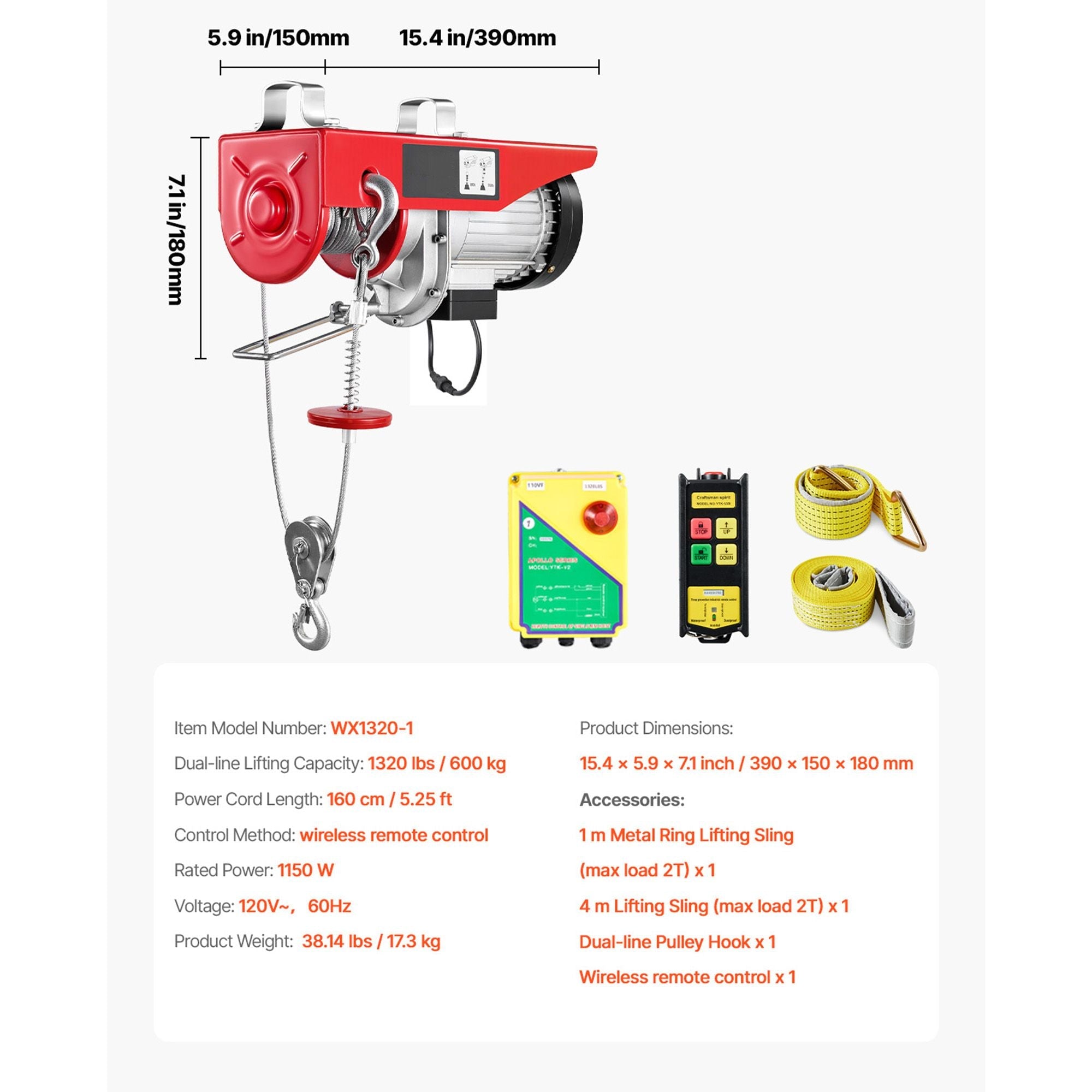 Electric Hoist, 1320 lbs Lifting Capacity, 1150W 110V Electric Steel Wire Winch with Wireless Remote Control, 40ft Single Cable Lifting Height & Pure Copper Motor, for Garage Warehouse Factory