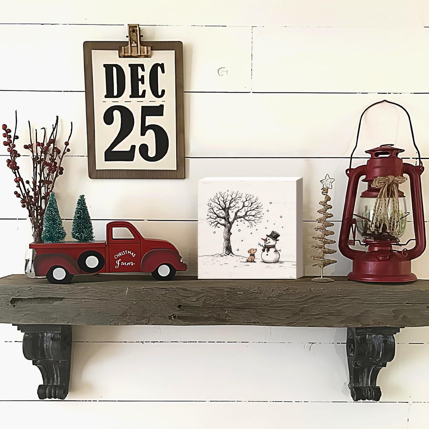 Christmas Decor Red Truck Christmas Wooden Box Signs Buffalo Plaid Christmas Decorations Christmas Decor for Home Office Bedroom Fireplace Car Tiered Tray Decor Christmas Gifts for Women 5x5
