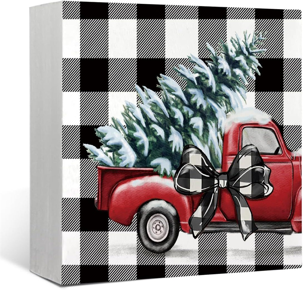 Christmas Decor Red Truck Christmas Wooden Box Signs Buffalo Plaid Christmas Decorations Christmas Decor for Home Office Bedroom Fireplace Car Tiered Tray Decor Christmas Gifts for Women 5x5