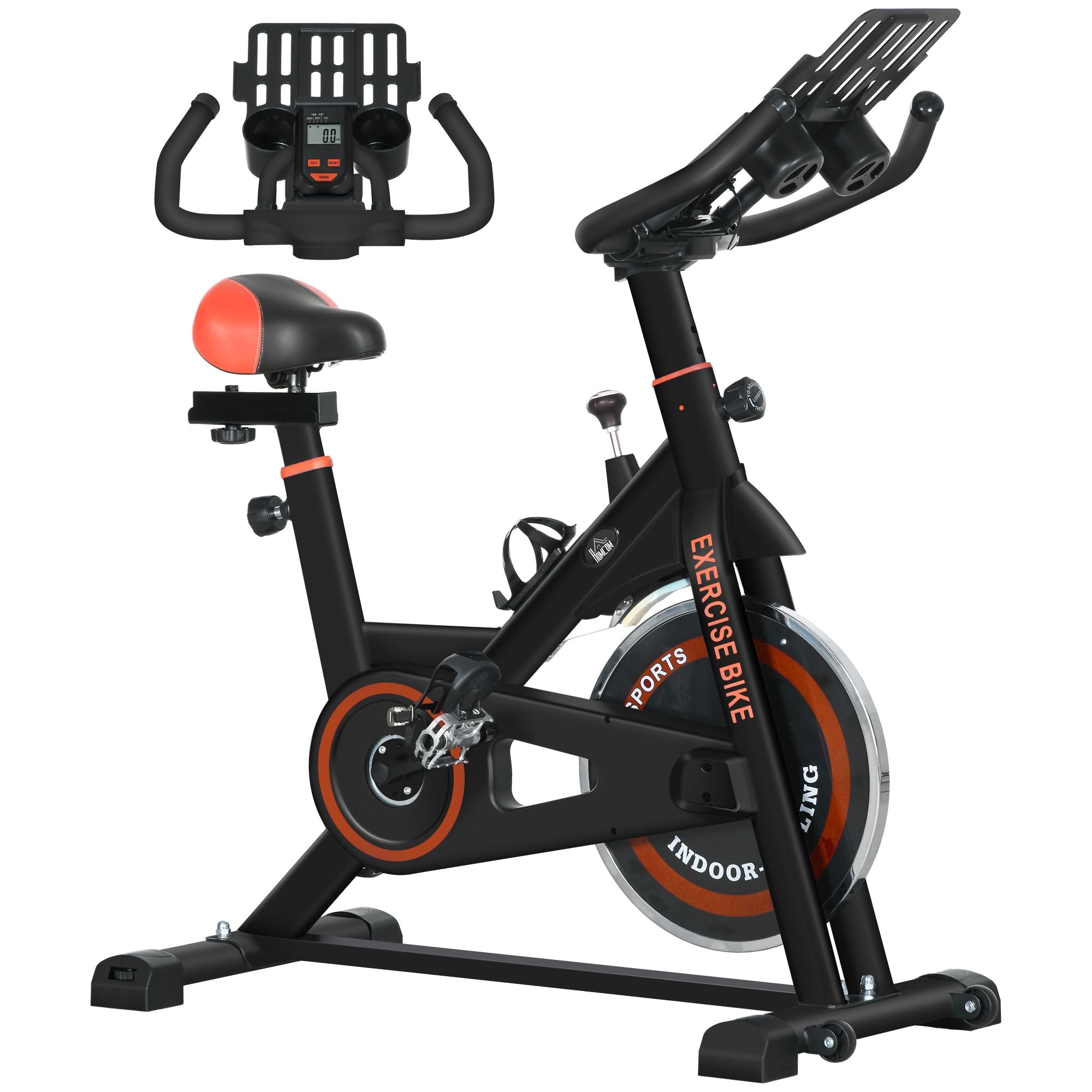 Exercise Bike, Flywheel Indoor Stationary Bike, Adjustable Height & Resistance, with LCD Monitor, Pedal Cage and Shelf Tray, 264 lbs Weight Capacity, Black and Red