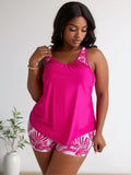 2026 New Plus Size Tankini Set: Hot Pink Racerback Top, Pink Monstera Print Shorts, Vibrant Beach Style