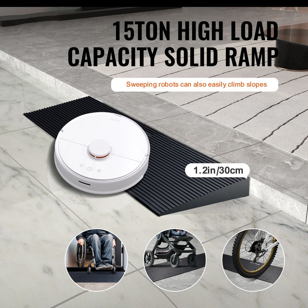 1.2" Rise Cuttable Threshold Ramp for Sweeping Robot, 35.4" Wide Natural Rubber Wheelchair Ramp, Non-Slip Solid Rubber Ramp with Double-Sided Tape for Doorways, Driveways, Bathroom, Smooth Tile
