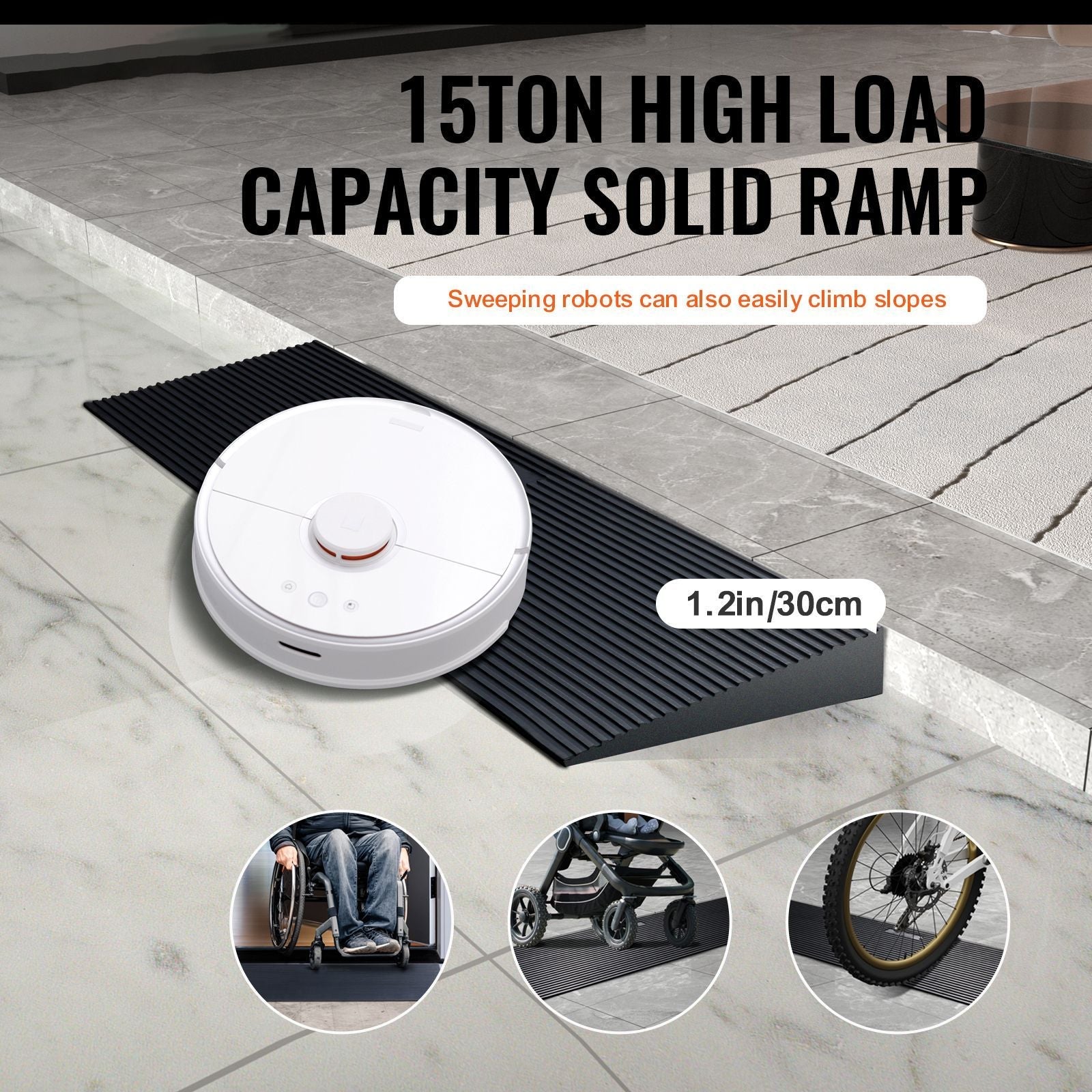 1.2" Rise Cuttable Threshold Ramp for Sweeping Robot, 35.4" Wide Natural Rubber Wheelchair Ramp, Non-Slip Solid Rubber Ramp with Double-Sided Tape for Doorways, Driveways, Bathroom, Smooth Tile