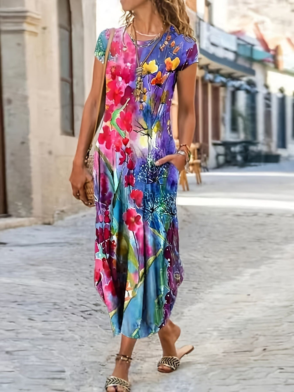 Floral Print Pocket Dress; Casual Short Sleeve Crew Neck Dress; Women's Clothing